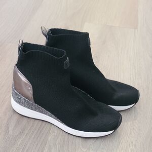 Micheal Kors Black Knit Slip-On Wedge Sneakers with Metallic Heel Accent